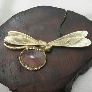 VINTAGE AGATE BRUSHED GOLD DRAGONFLY PIN